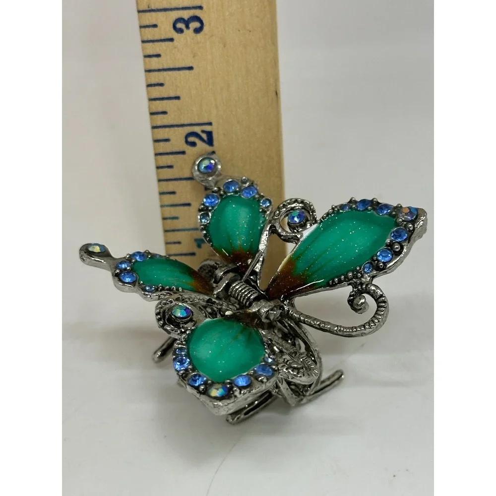 VTG Butterfly Hair Claw Clip Green Blue Rhinestone Silver Tone Enamel Wings